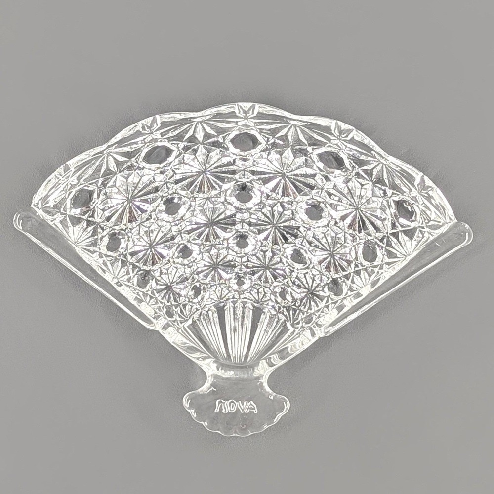 Nova Clear Pressed Glass Fan Shaped Trinket Dish Starburst Pattern 7.75x5.75